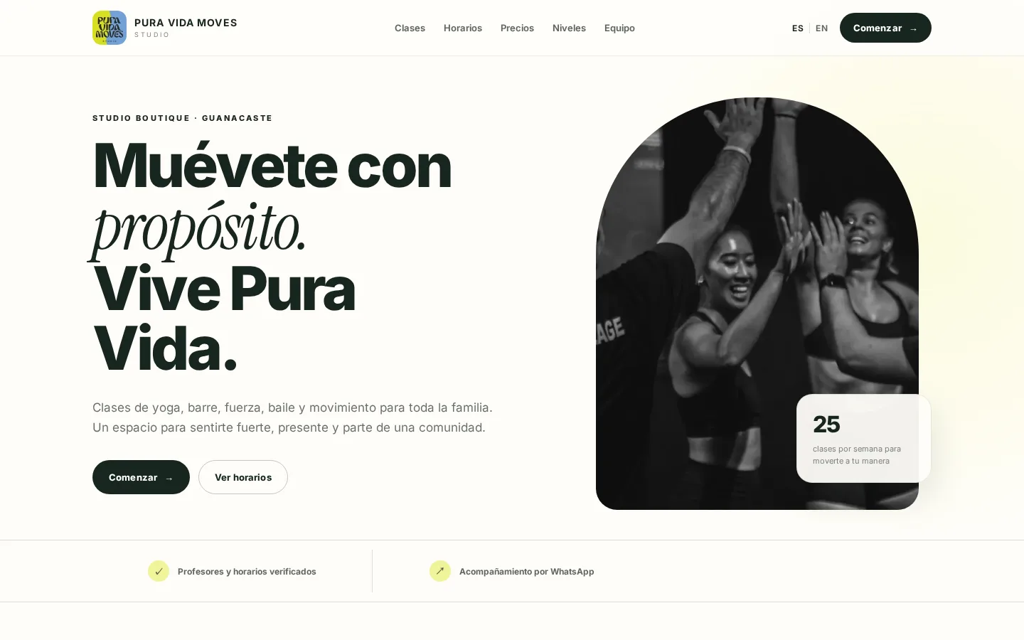 Public site of Pura Vida Moves, rendered by MoviFit on its own subdomain