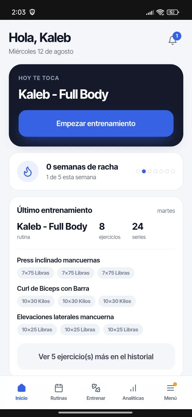 PrimeFit member home with today's routine and weekly streak