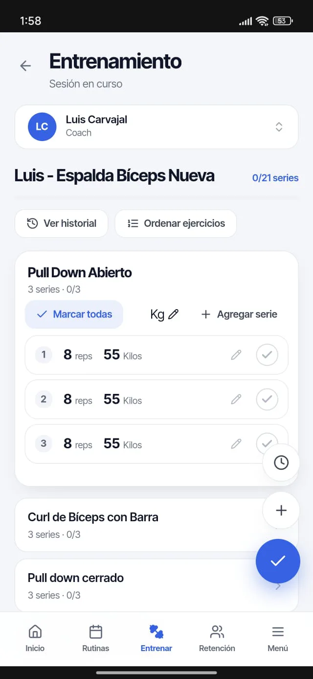 PrimeFit workout in progress, logging sets and reps on a phone
